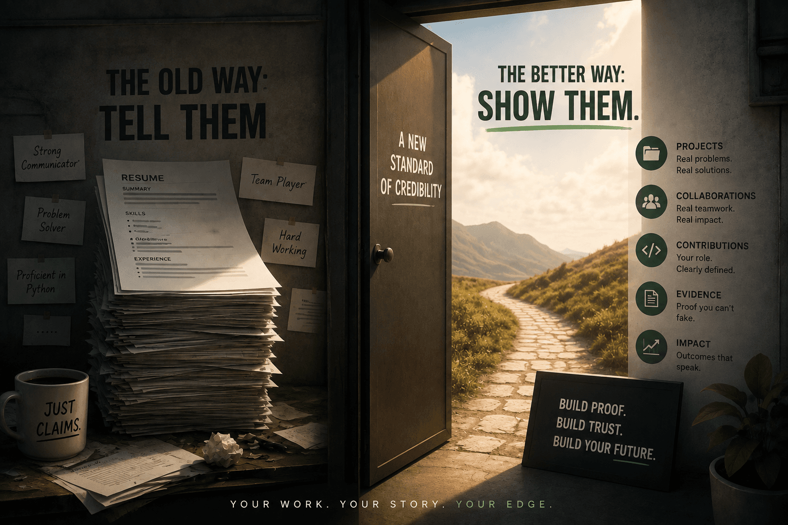 A door opening from a cluttered desk of resume claims onto a clear path labelled 'a new standard of credibility', built on projects, collaborations, contributions, evidence and impact.