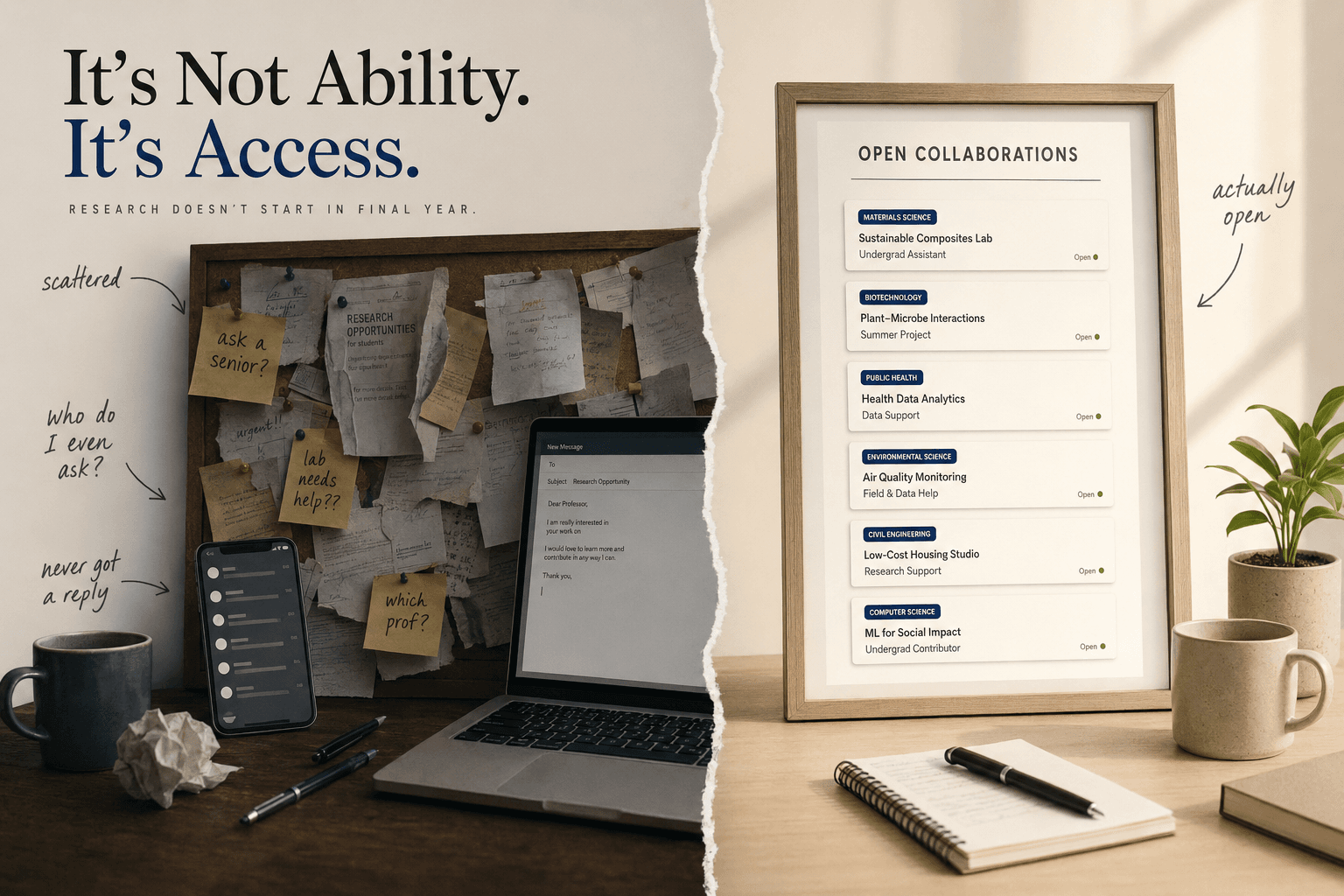 A torn split image: on the left a corkboard overloaded with pinned notices and handwritten sticky notes reading 'ask a senior?' and 'which prof?', beside an unsent email draft to a professor; on the right a clean framed board titled 'Open Collaborations' listing real, open undergraduate research roles by discipline.