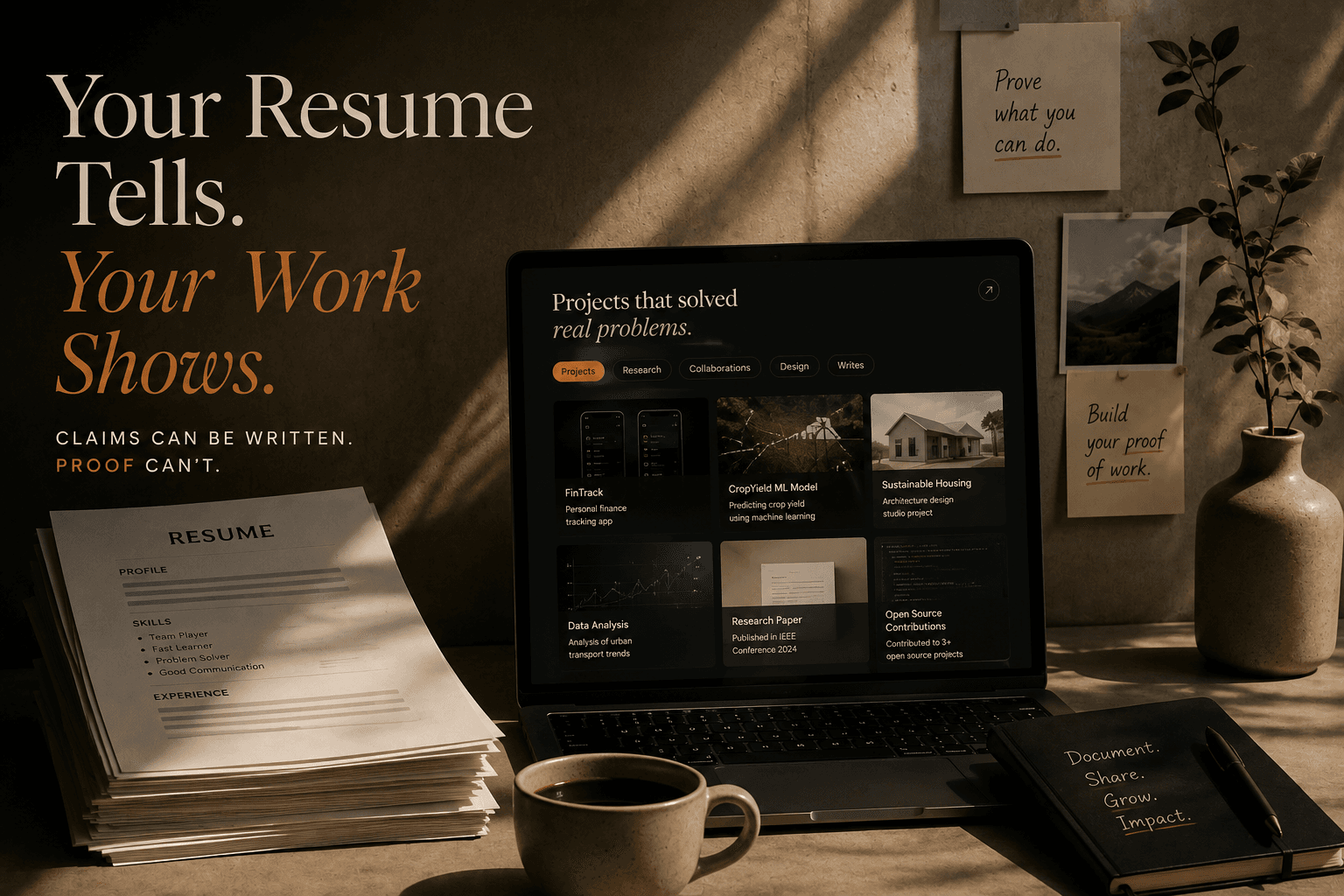 A laptop showing a real project portfolio page — FinTrack, a CropYield ML model, a housing design, a data analysis, a published paper and open-source contributions — next to a stack of generic resumes.