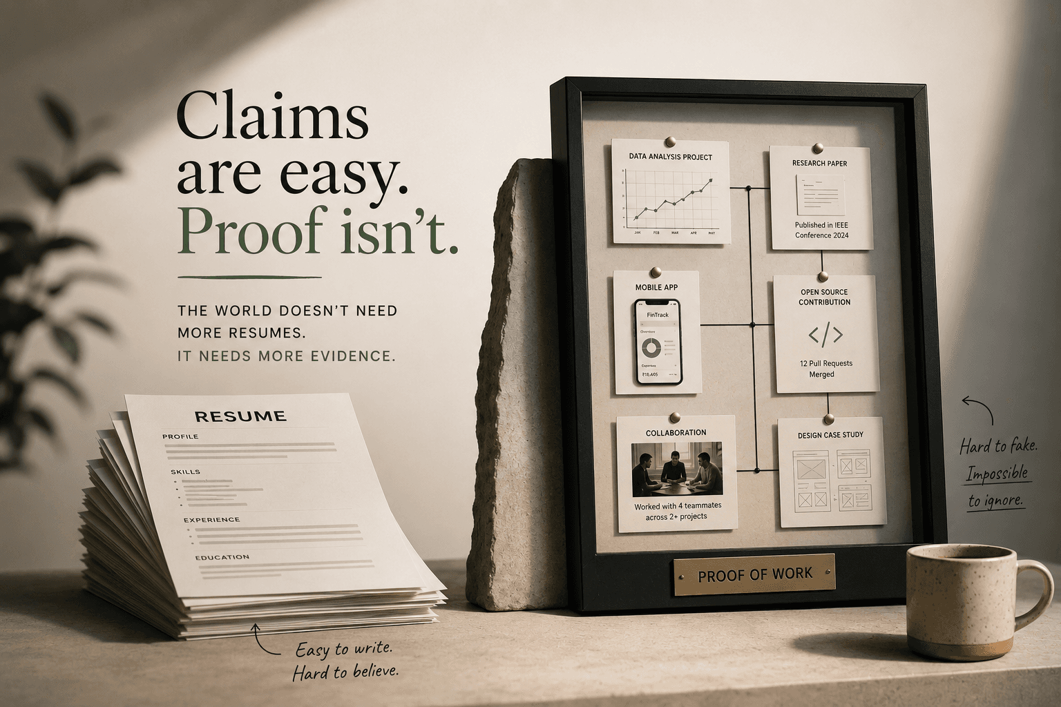 A framed 'Proof of Work' board of real projects — a data analysis, a published paper, a mobile app, an open-source contribution, a collaboration and a design case study — next to a plain stack of resumes captioned 'easy to write, hard to believe'.