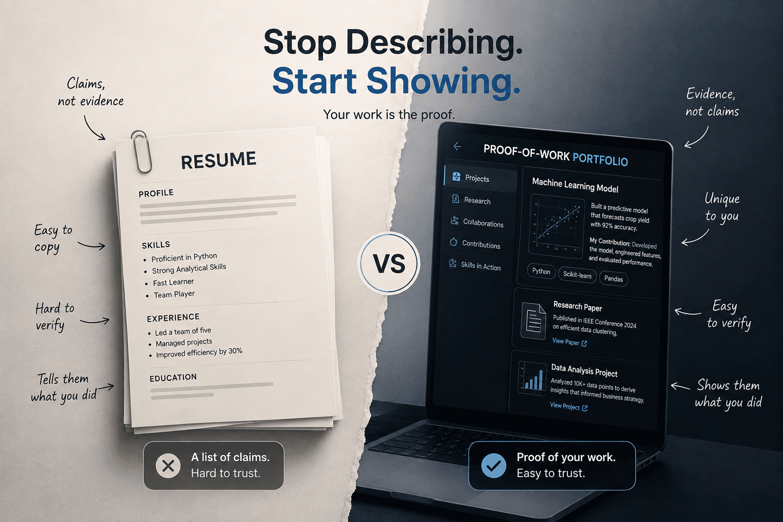 A resume, described as claims that are easy to copy and hard to verify, next to a proof-of-work portfolio showing real projects, code and a published paper.