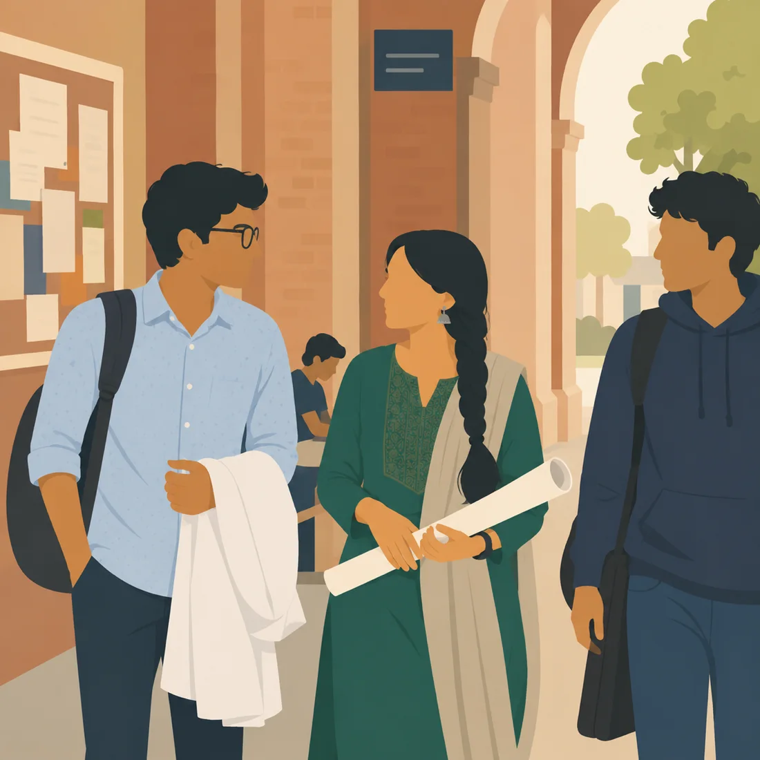 Three students walking out of a university academic block into late afternoon light