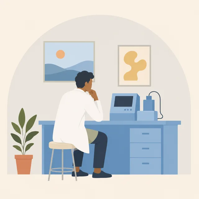 A researcher at a lab bench with a benchtop instrument and a whiteboard