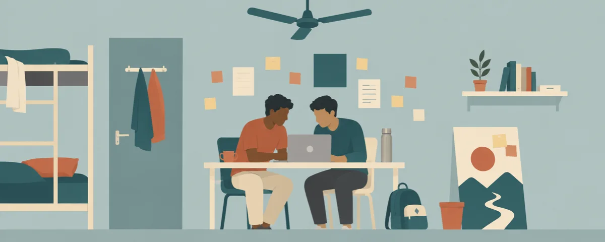 A hostel room turned workspace at night, two students sharing a laptop