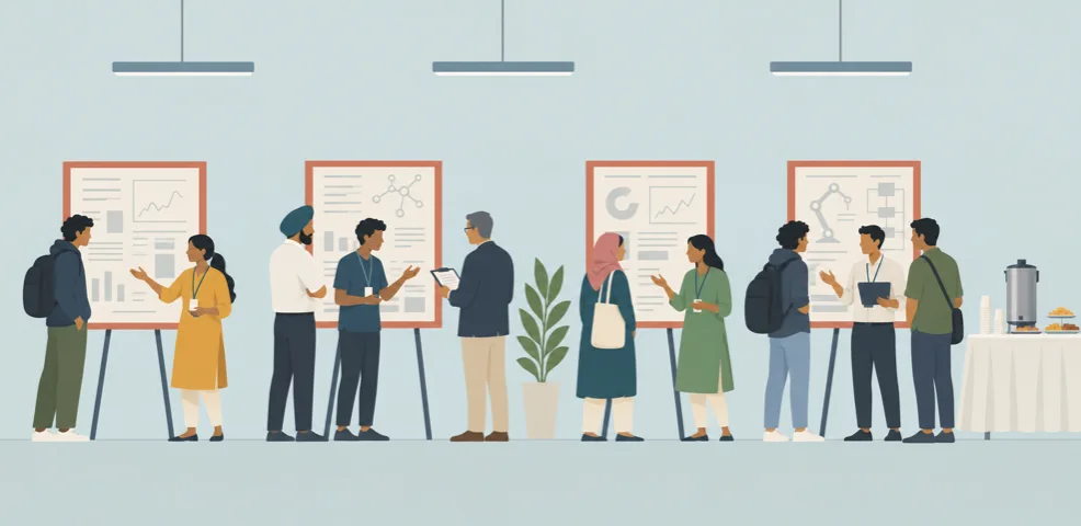 A conference poster session with standing groups and easels