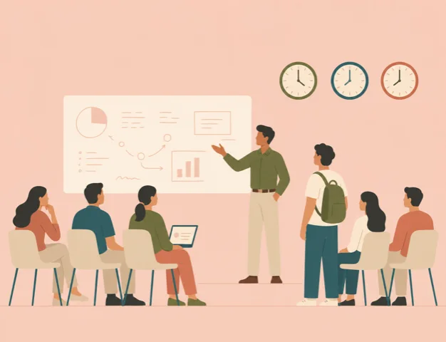 A guest lecture, an industry speaker at a whiteboard with seated students