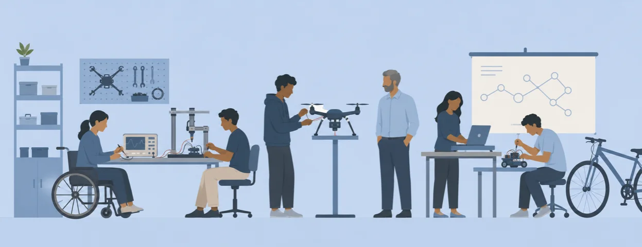 A robotics lab with a test rig, an oscilloscope and a drone mid-calibration
